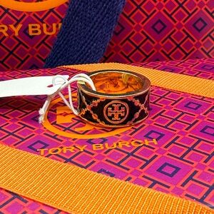 Tory Burch Black Enamel and Gold Logo Wide Band Ring